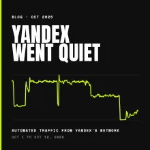 Yandex Went Quiet: a lime line chart of automated traffic from Yandex’s network, October 1 to 12, 2026, stepping down to near zero on October 11